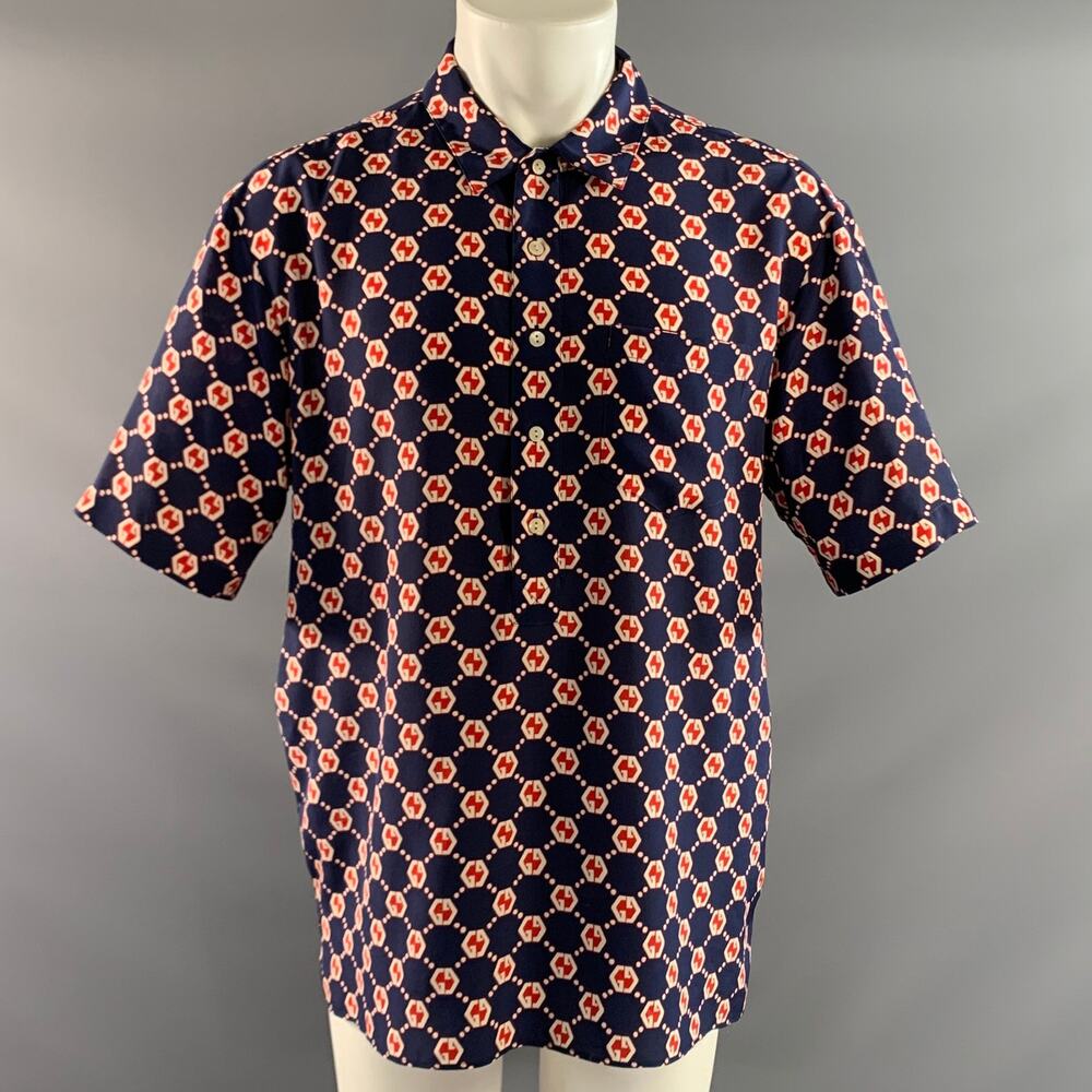 GUCCI Size M Navy Red & White Monogram Silk Pop Over Short Sleeve Shirt